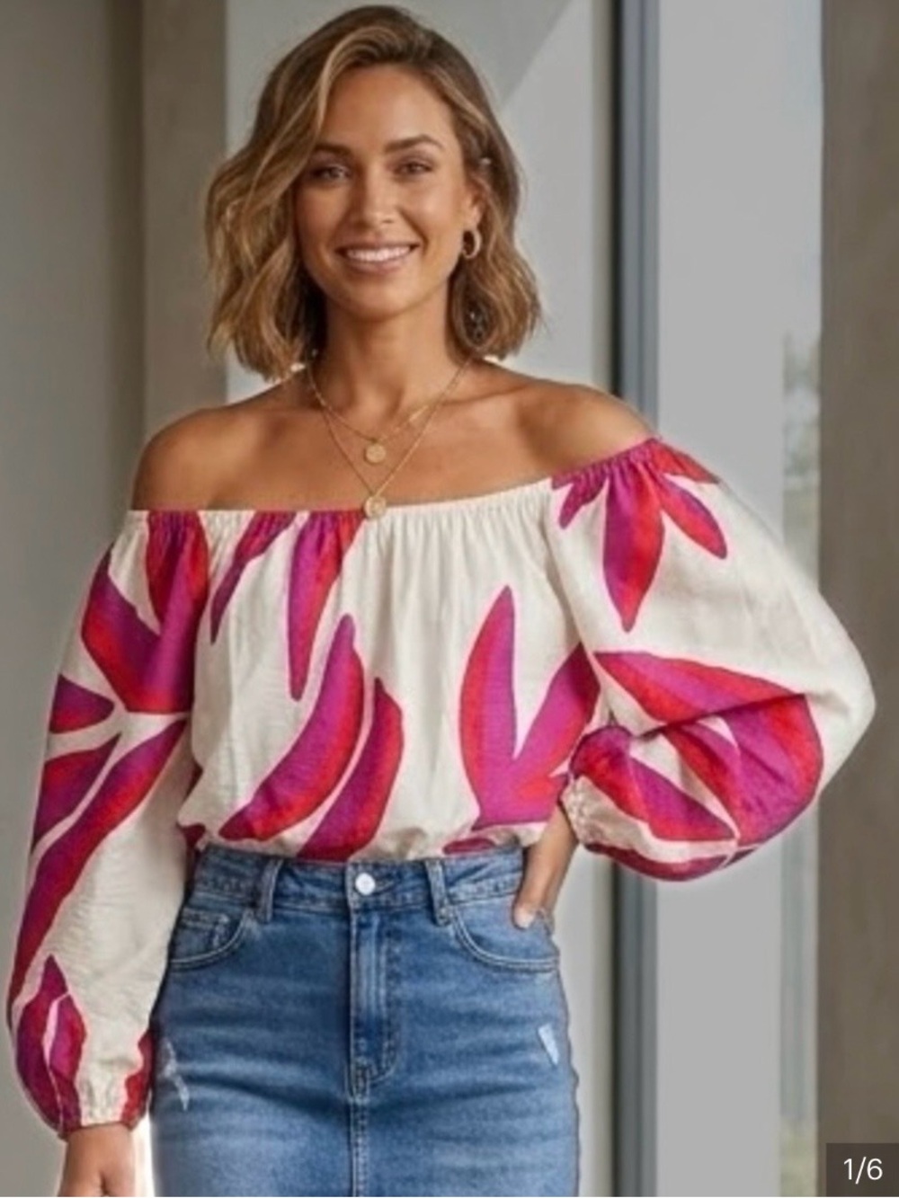 Nine West Off-Shoulder Floral Blouse in White and Pink